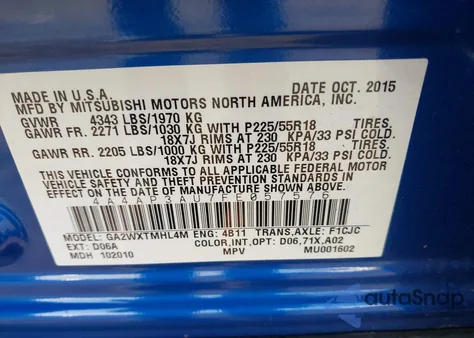 2015 Mitsubishi Outlander Sport Es из США, поврежденный, VIN 4A4AP3AU7FE057576